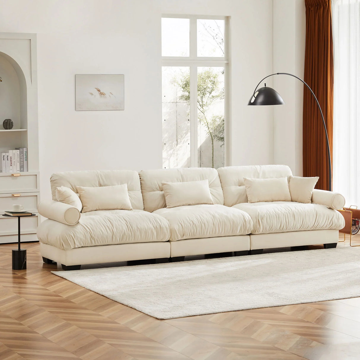 Modern Velvet Sofa With Bolstered Armrests And Pillows - Furniture Home Direct