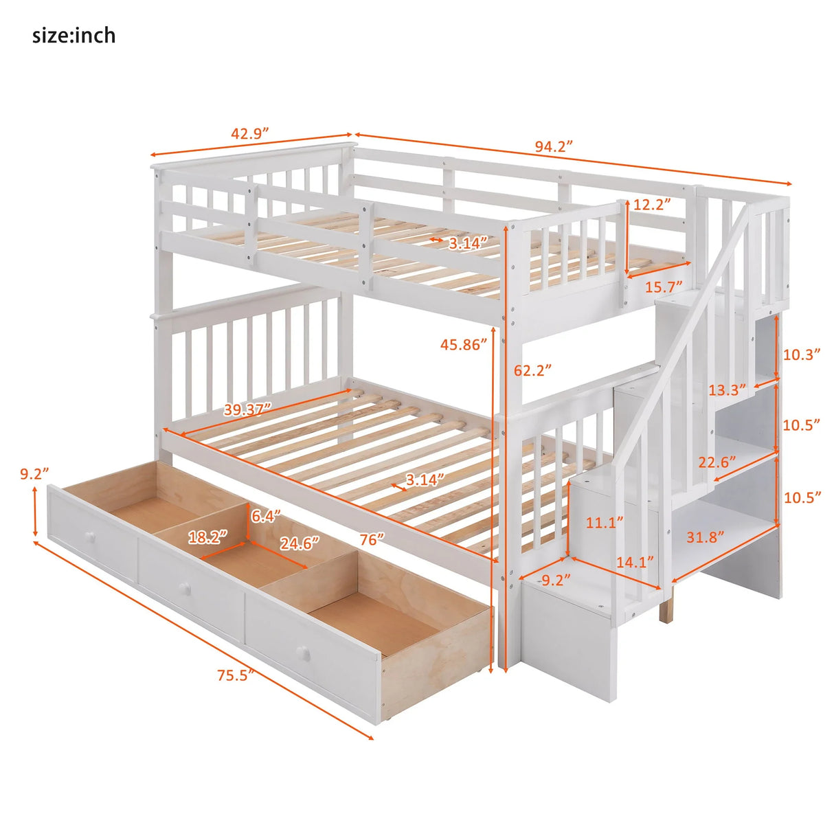 Stairway Bunk Bed With Storage And Guard Rail For Bedroom - Furniture Home Direct