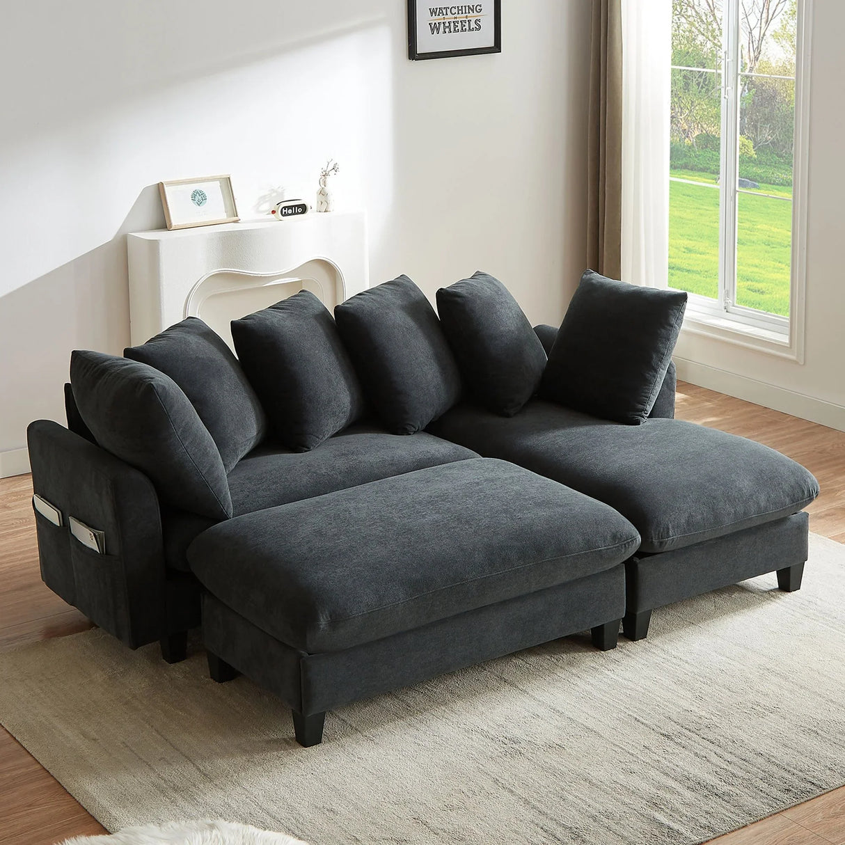 Upholstered L Shaped Sectional Sofa With Storage, Movable Ottoman, And 6 Throw Pillows - Furniture Home Direct