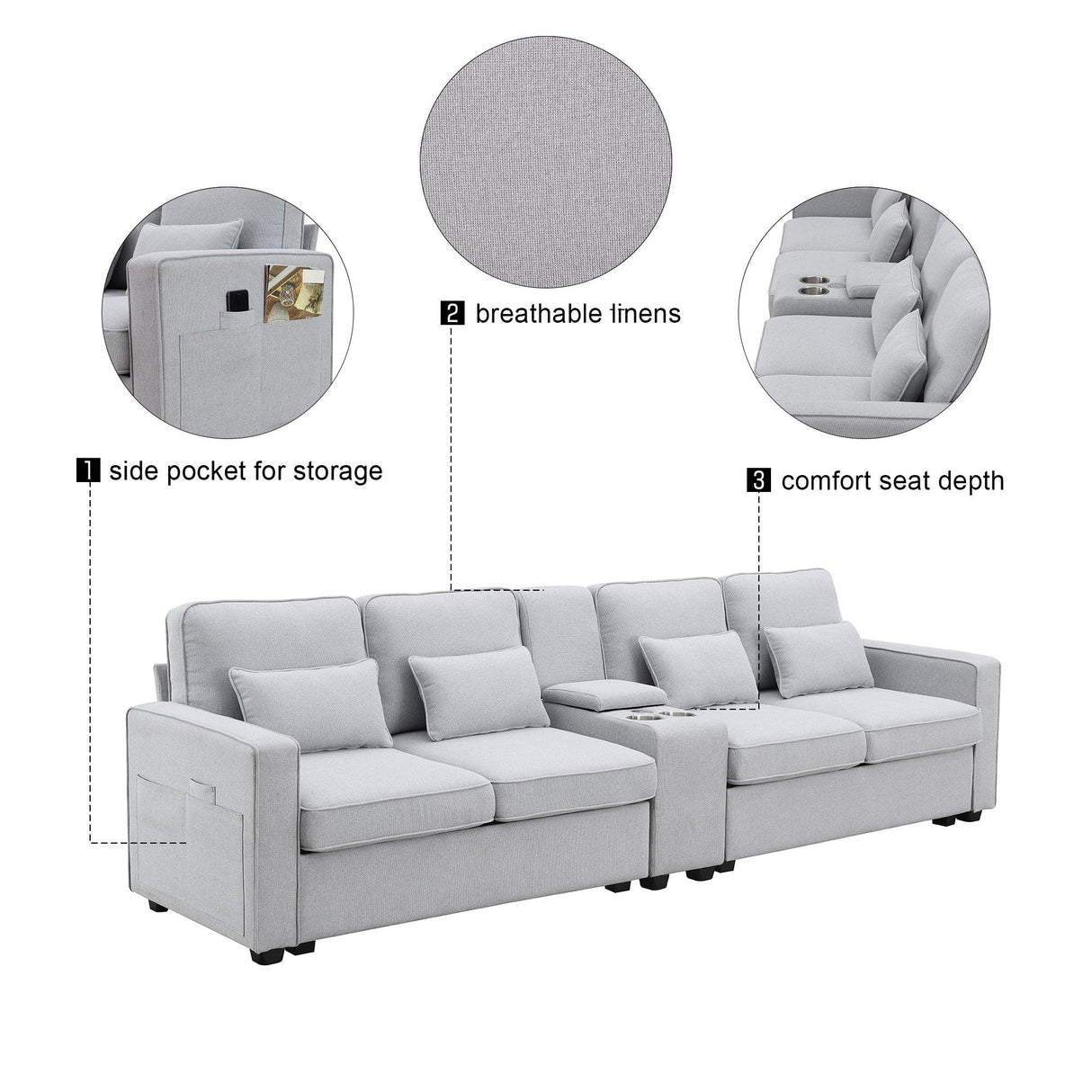 114.2 Sofa With Console 2 Cupholders 2 USB Ports Light Gray - Furniture Home Direct
