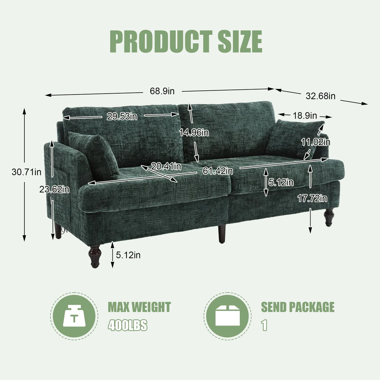 Chenille 2 Seater Sofa With LED Light, USB Charging Port, And Storage Bag