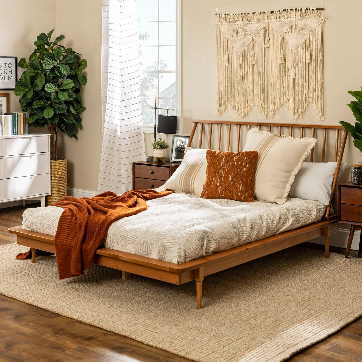 Mid-Century Modern Solid Wood Platform Bed Frame With Spindle Headboard - Furniture Home Direct