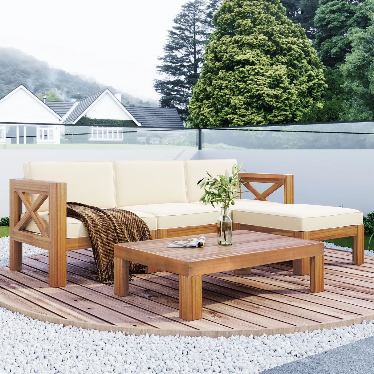Outdoor 5-Piece Sectional Set with Cushions, Natural Finish+ Beige Cushions - Furniture Home Direct