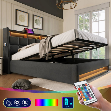 Upholstered Platform Bed With A Hydraulic Storage System, LED And USB Charging (Without Mattress) - Furniture Home Direct