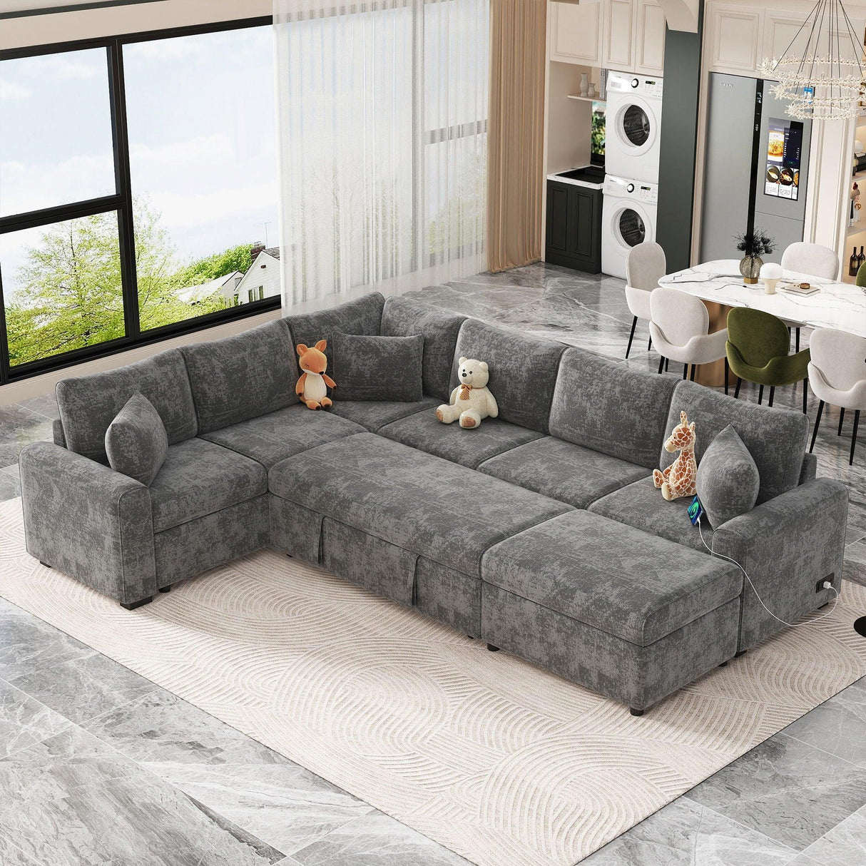 Sectional Sofa Pull-Out Sofa Bed Sleeper With A Storage Ottoman, Three Pillows And Charging Devices For Living Room - Furniture Home Direct