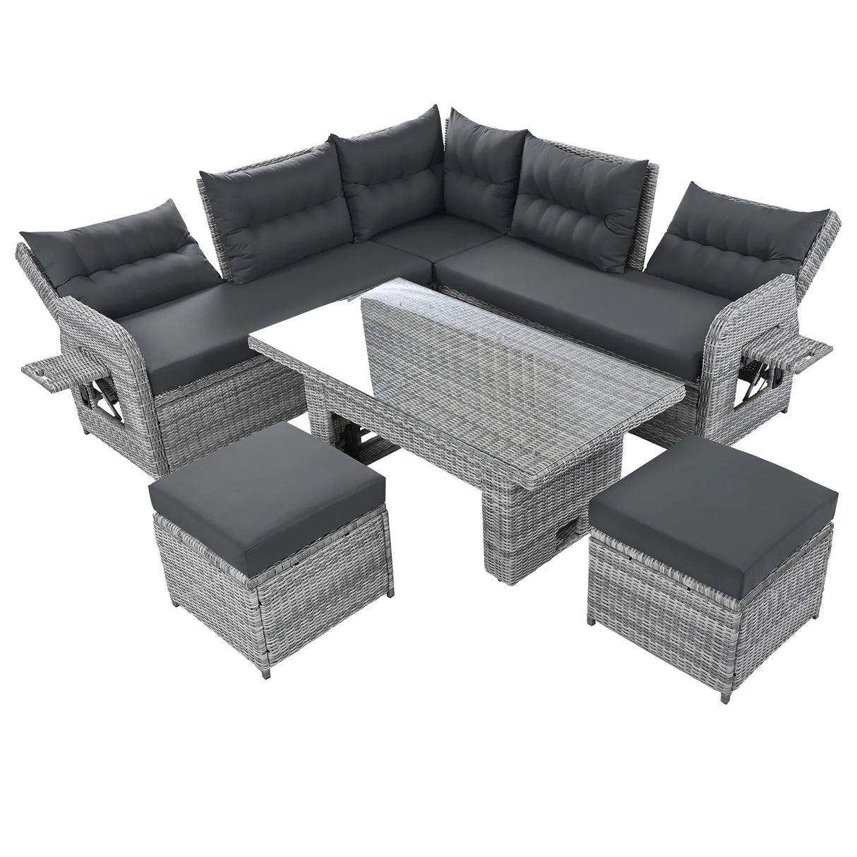 6 Piece Patio Set With An Adjustable Table, Recliners With Extendable Side Tables, And 2 Ottomans - Gray - Furniture Home Direct