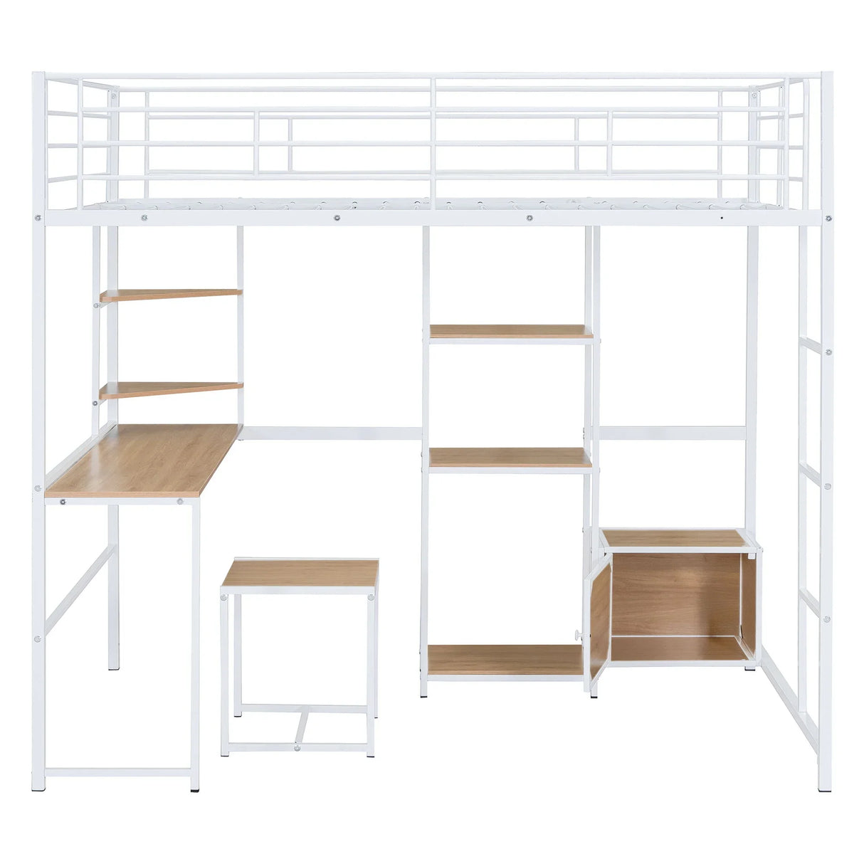 Full Size Loft Bed With Desk And Stool, With Open Style Wardrobe, Shelves And Cabinet - White - Furniture Home Direct
