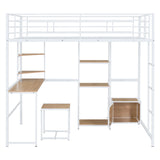 Full Size Loft Bed With Desk And Stool, With Open Style Wardrobe, Shelves And Cabinet - White - Furniture Home Direct