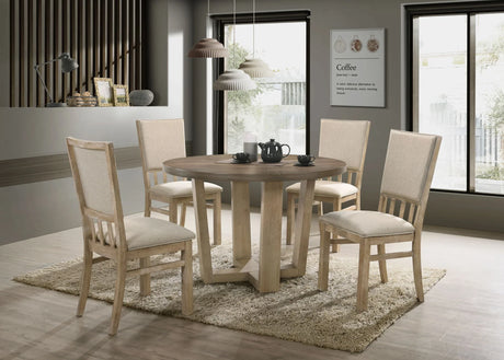 Brutus - 5 Piece Wide Contemporary Round Dining Table With Wheat Colored Fabric Chairs (Set of 5) - Vintage Walnut - Furniture Home Direct
