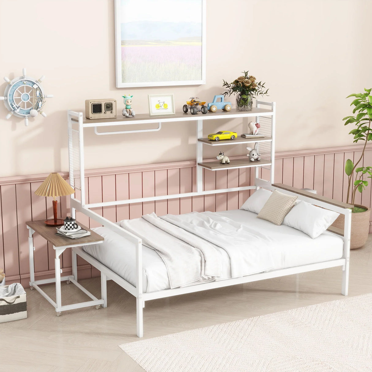 Daybed With Movable Desk, Grid, Shelves And Clothes Hanger - Furniture Home Direct