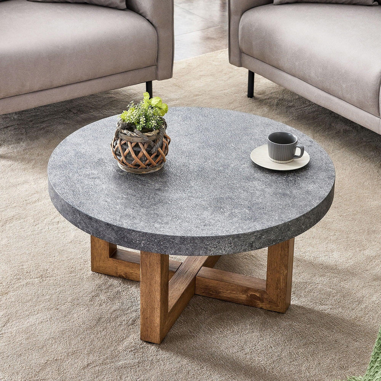 Modern Retro Texture Round Coffee Table With Crossed Legs - Gray - Furniture Home Direct