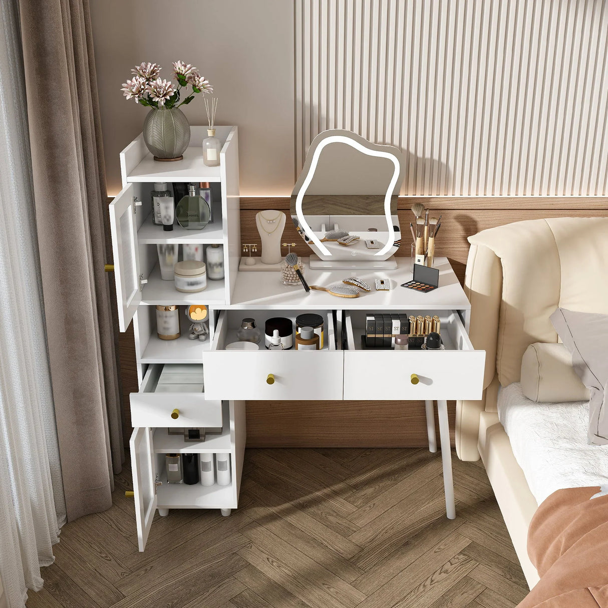 Vanity Dressing Table With LED Mirror & Storage Makeup Desk With 3 Drawers, 2 Open Shelves & 4 Hidden Cabinets - White - Furniture Home Direct