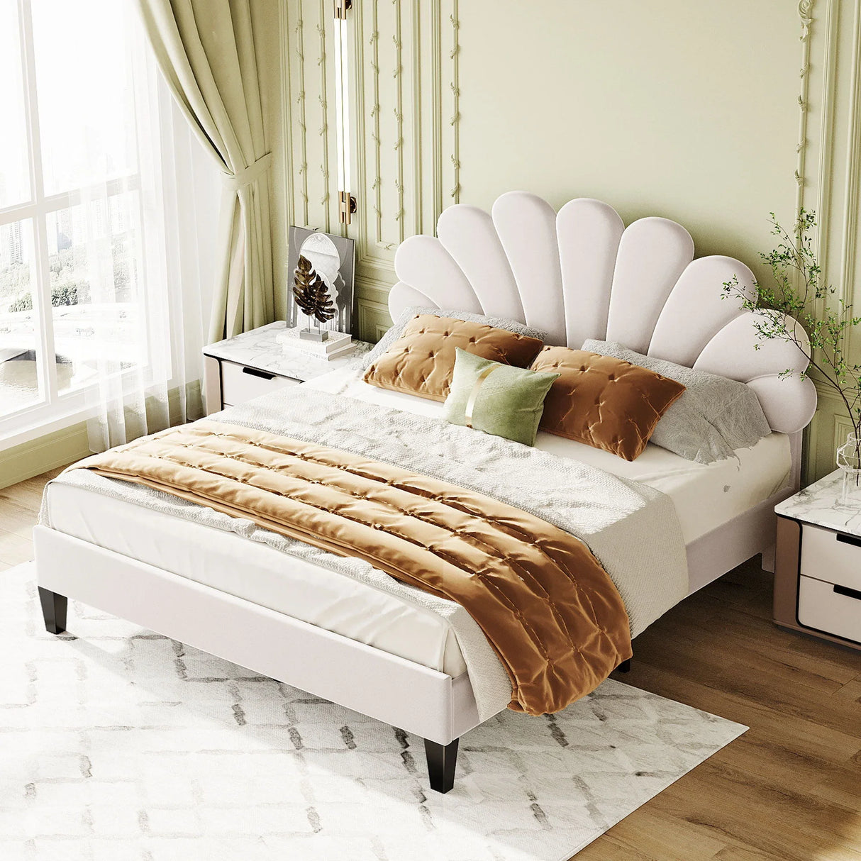 Upholstered Platform Bed With Flower Pattern Velvet Headboard - Furniture Home Direct