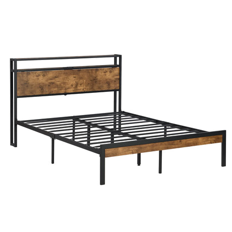 Metal Platform Bed Frame With Wooden Headboard And Footboard With USB Liner, No Box Spring Needed, Under Bed Storage - Furniture Home Direct
