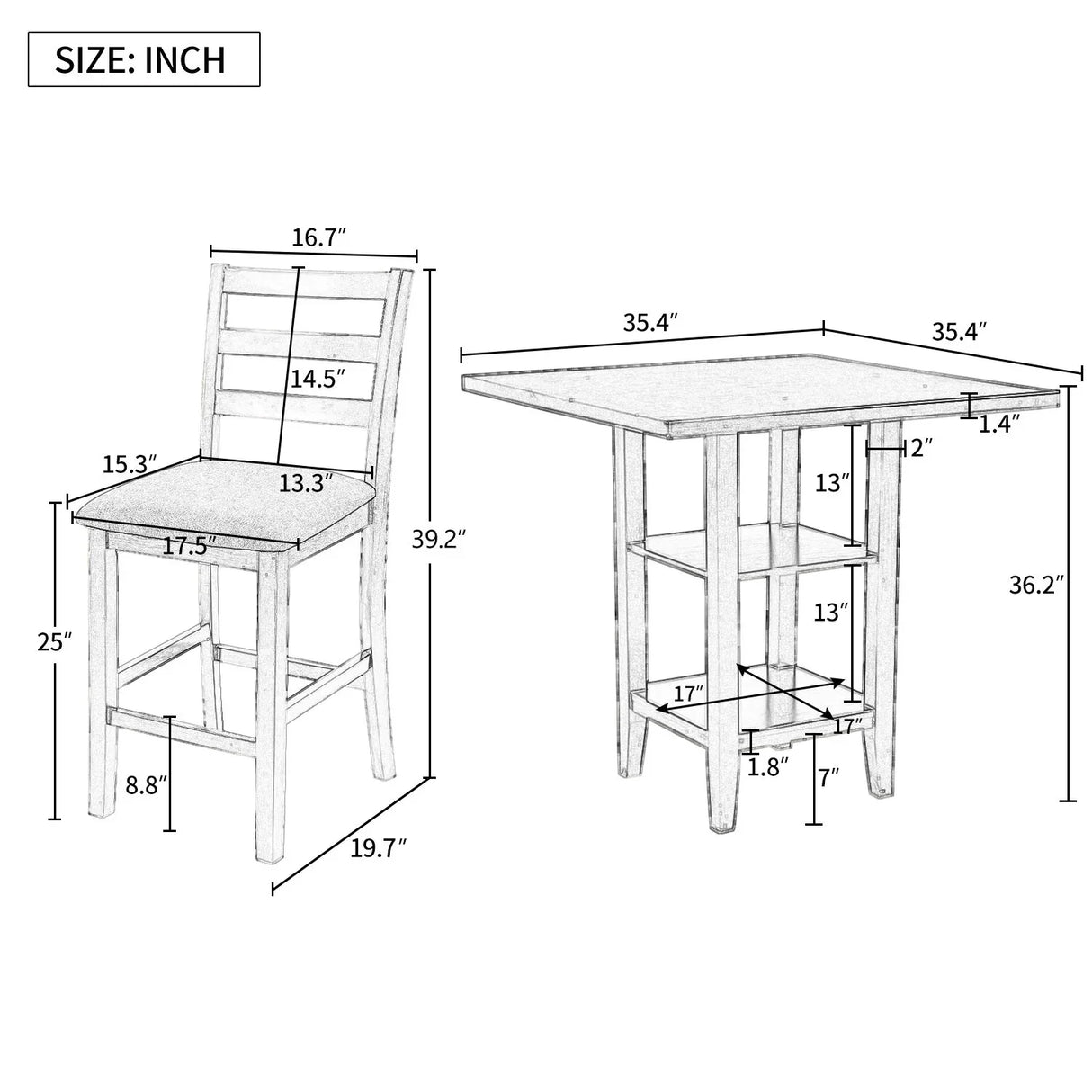 5 Piece Wooden Counter Height Dining Set With Padded Chairs, Storage Shelving - Furniture Home Direct