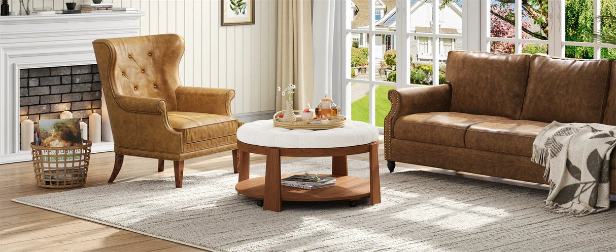 Round Ottoman Coffee Table with Upholstered Top Ivory White - Furniture Home Direct