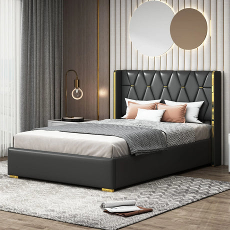 Upholstered Platform Bed With Strips - Black - Furniture Home Direct