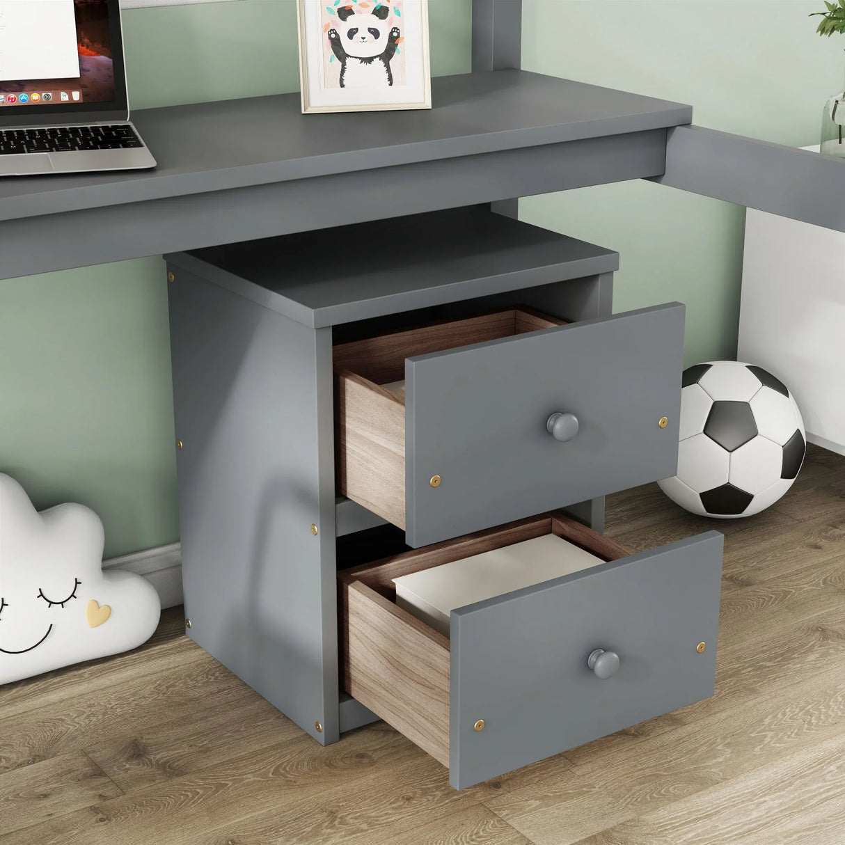 Loft Wood Bed With Under-Bed, Built-In Desk, A Storage Cabinet Of 2 Drawers, Guardrails, Ladder - Furniture Home Direct