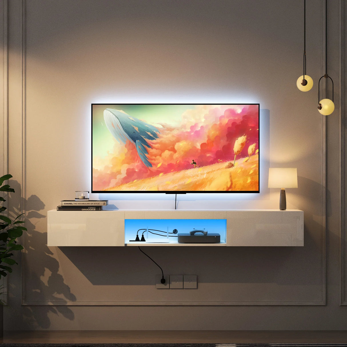 Wall Mounted TV Stand 63 Inch LED Illuminated White - Furniture Home Direct
