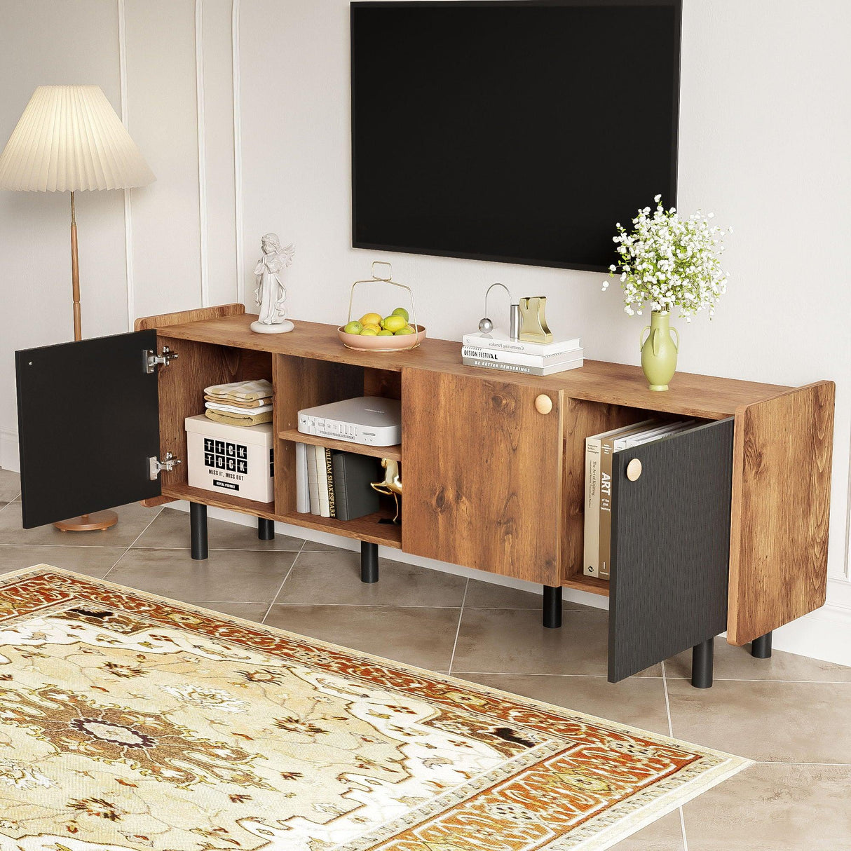 Mid Century TV Stand & 3 Cabinets, Media Console Table For Tvs Up To 70'', Entertainment Center With Storage For Living Room - Black / Brown - Furniture Home Direct