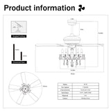 52" Crystal Shade Ceiling Fan Lamp, 3 Speed, 4 Timing, 5 Reversible Blades Crystal Ceiling Fan, 5 Pieces X E12 (No Include Bulb), Hand Pull Chain - Matte Black - Furniture Home Direct