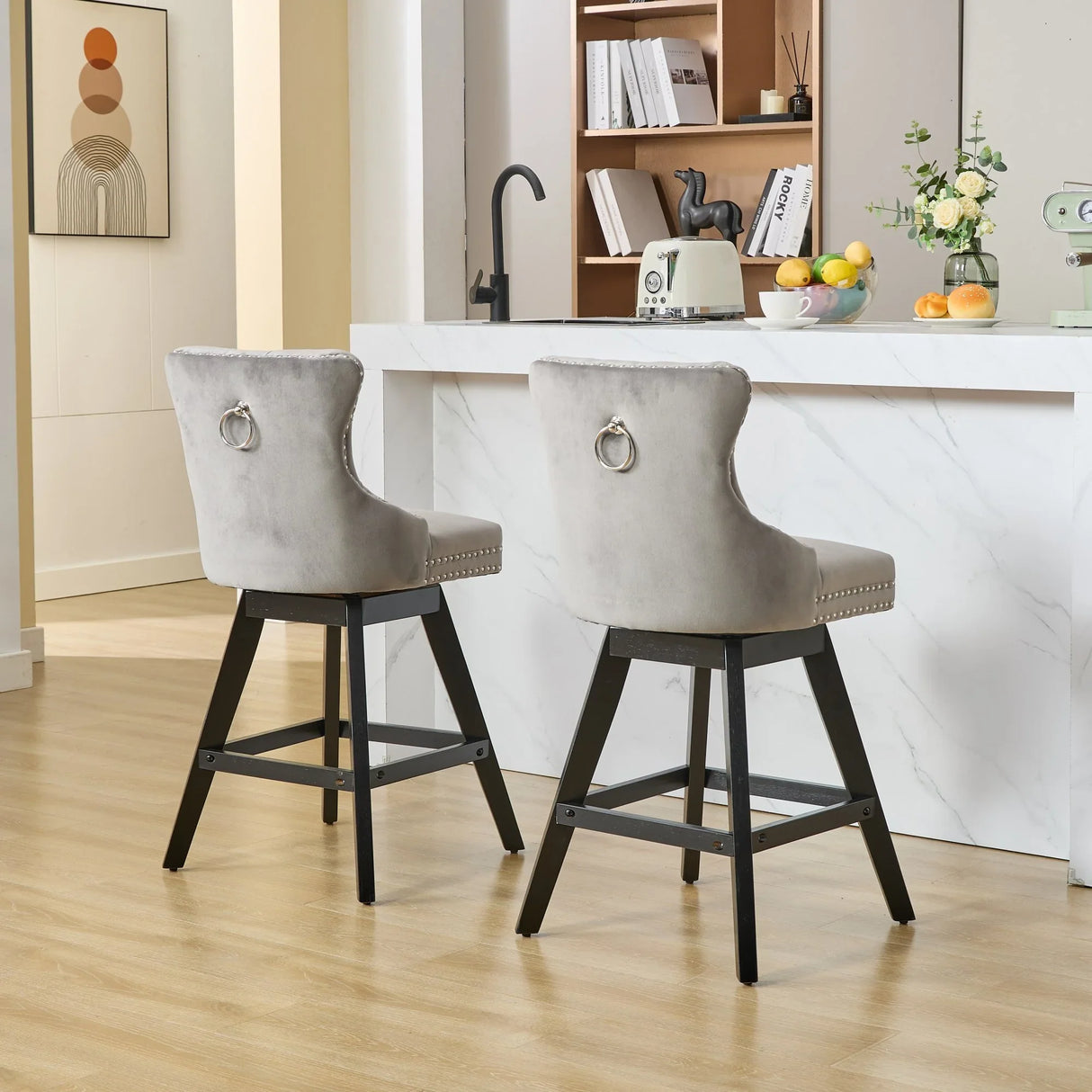 Counter Height Bar Stools Velvet Upholstery Tufted Gray - Furniture Home Direct