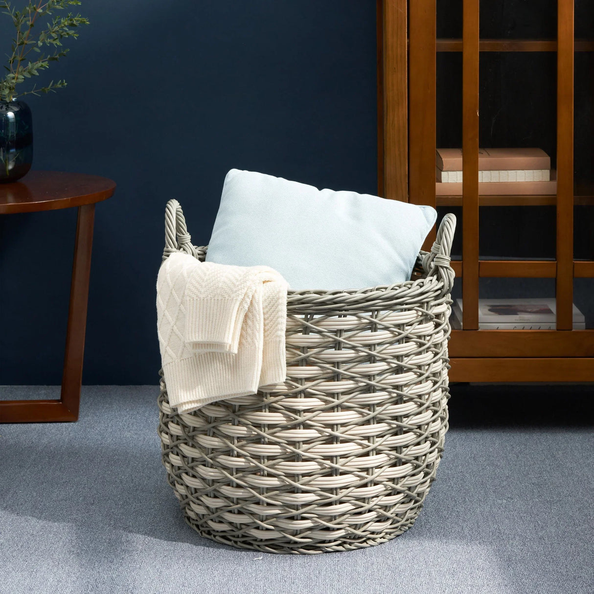 Round Resin Woven Wicker Multi Use Storage Basket With Handles - Cream / Gray - Furniture Home Direct