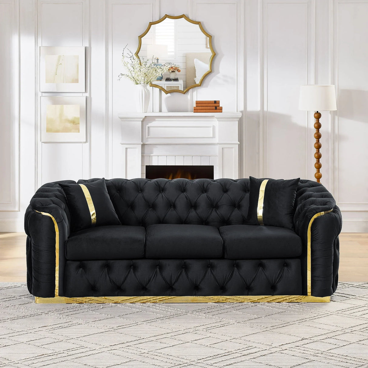 Button Tufted Couch With 2 Pillows, 3 Seater Luxury Chesterfield Sofa - Furniture Home Direct
