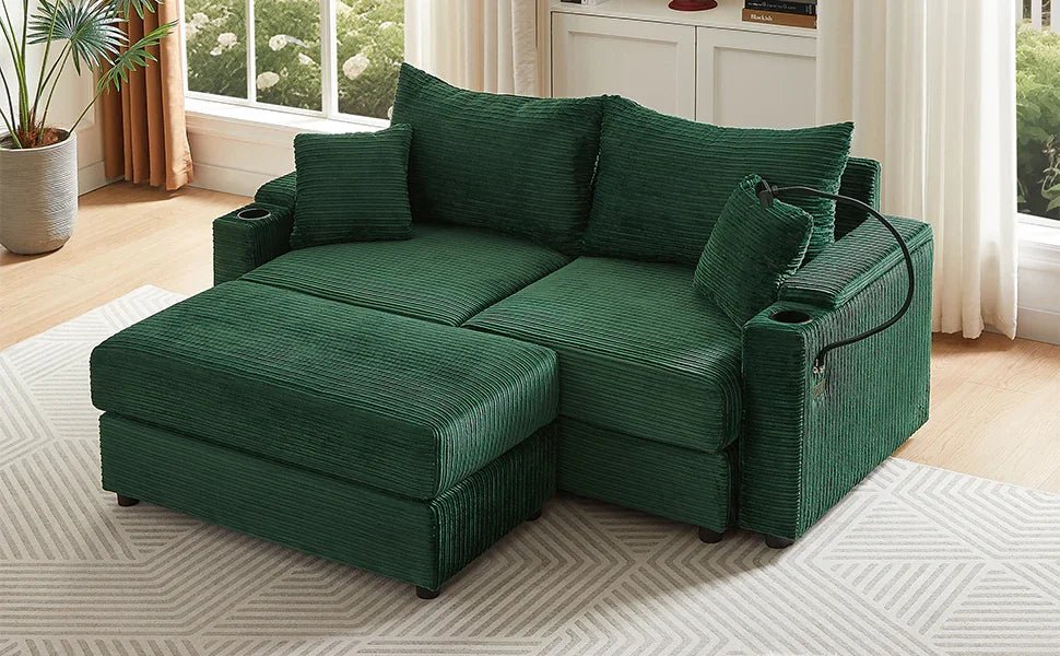 Sofa and Ottoman With Storage, Two USB Ports, Two Cup Holders and Phone Holder - Green - Furniture Home Direct