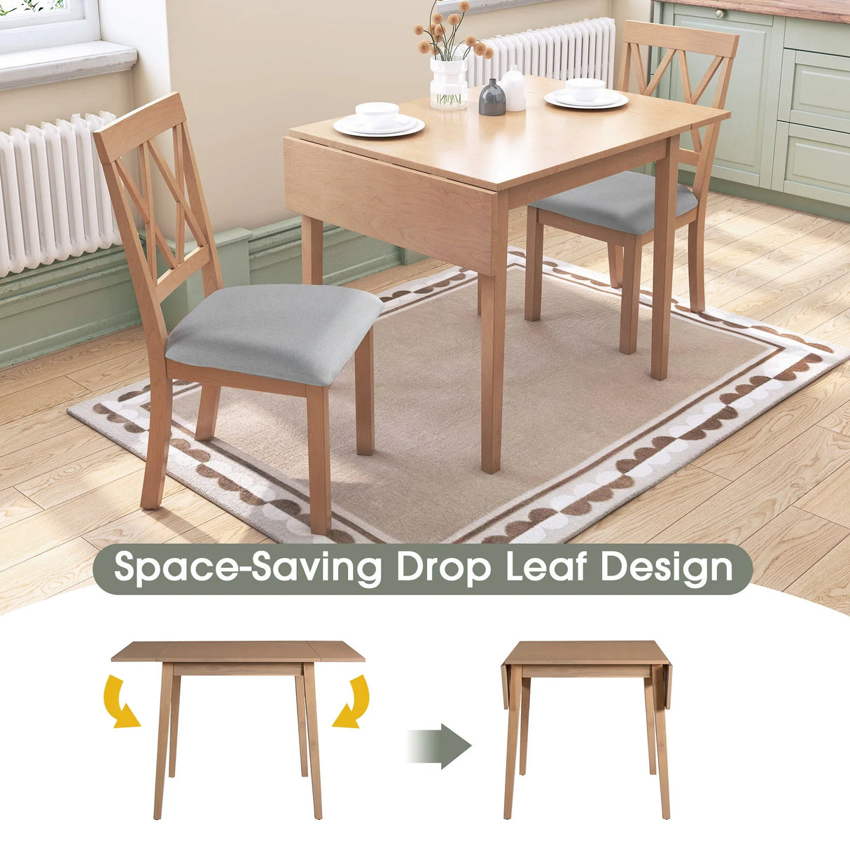 3 Piece Kitchen Dining Set With Drop Leaf Dining Table And 2 Dining Upholstered Chairs, Dining Room Set For Small Places - Furniture Home Direct