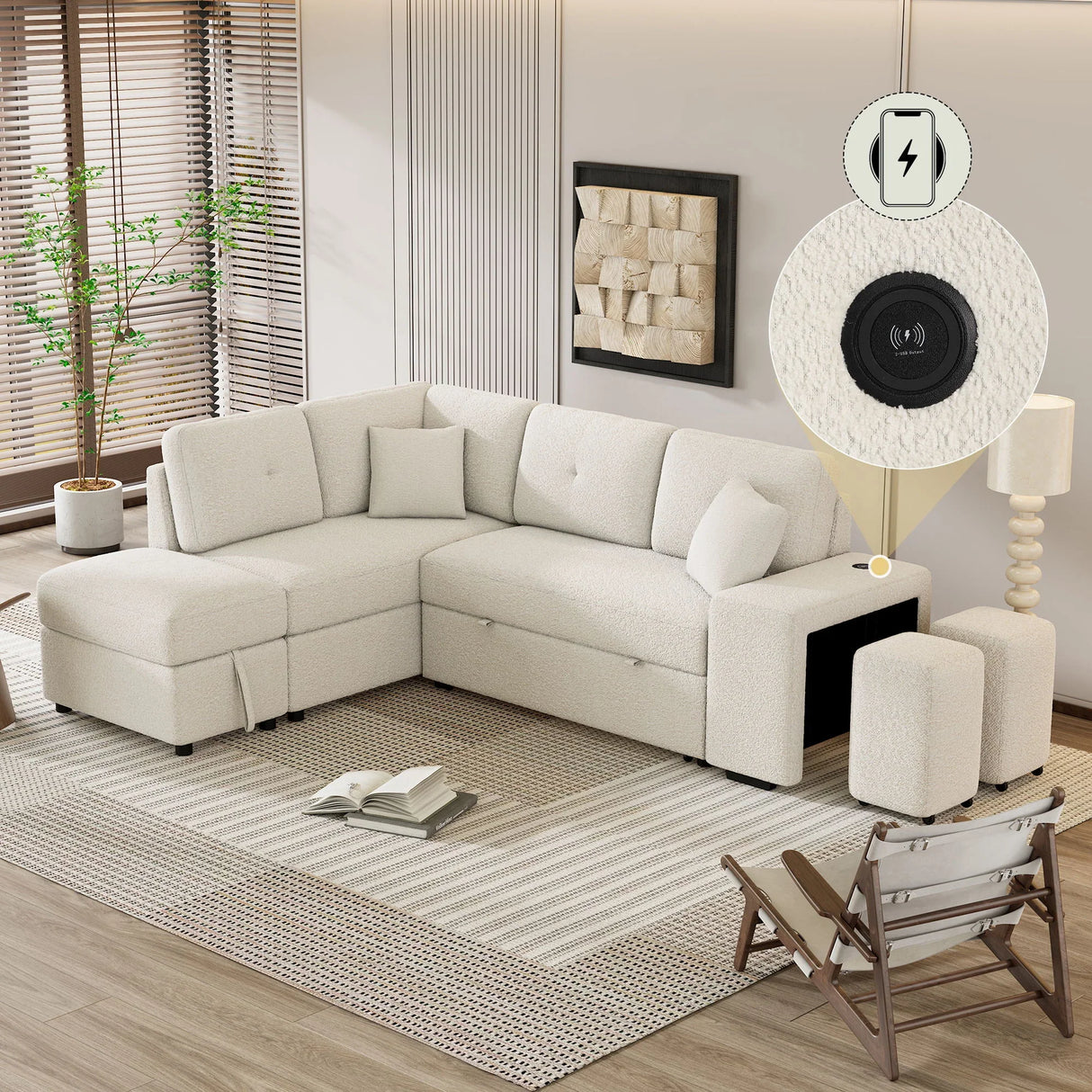 Convertible Sleeper, Sectional Pull Out Sofa Bed With Storage Ottoman, 2 Throw Pillows, 2 Stools, Wireless Charger And Two Hidden USB Ports For Living Room - Furniture Home Direct