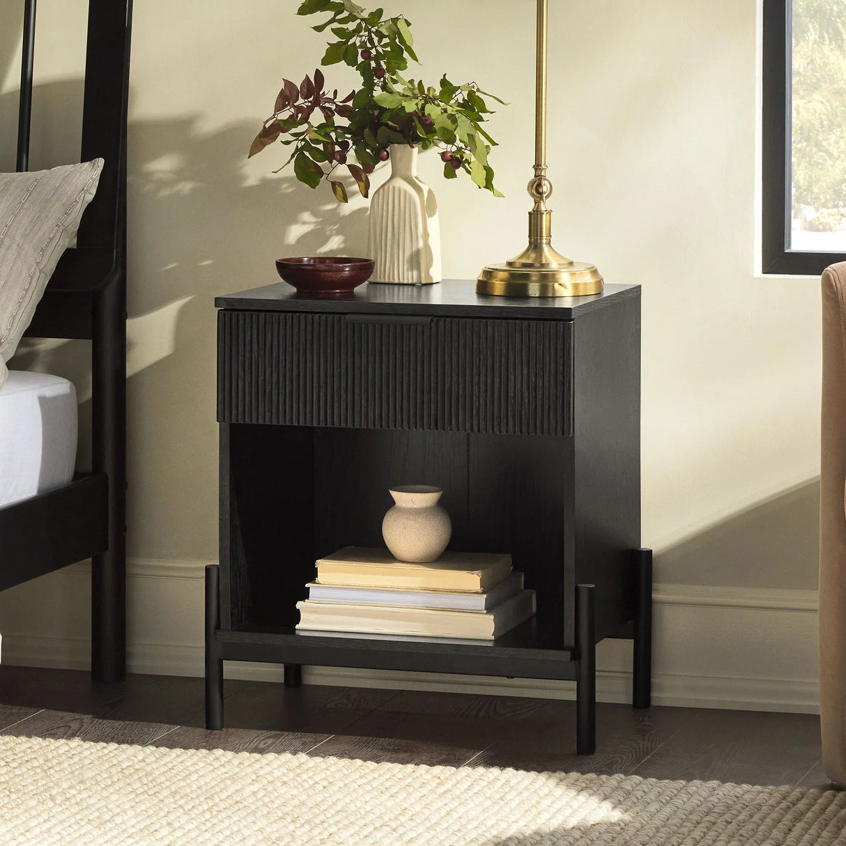 Modern Fluted Drawer Nightstand With Open Cubby Coastal - Furniture Home Direct