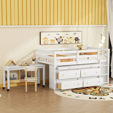 Loft Bed With Retractable Writing Desk And 4 Drawers, With Lateral Portable Desk And Shelves - Furniture Home Direct