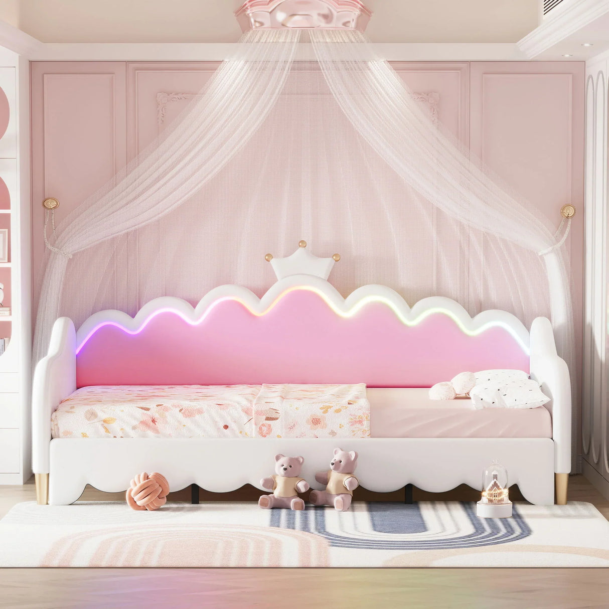 Extending Daybed With LED Lights, Modern Upholstered Princess Daybed With Crown Headboard - Furniture Home Direct