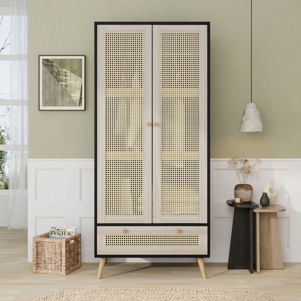 Tall Armoire Wardrobe Closet With 2 Rattan Doors & 1 Drawer, Boho Clothes Storage Cabinet With Hanging Rod For Bedroom - Natural / Black - Furniture Home Direct