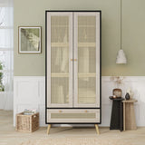 Tall Armoire Wardrobe Closet With 2 Rattan Doors & 1 Drawer, Boho Clothes Storage Cabinet With Hanging Rod For Bedroom - Natural / Black - Furniture Home Direct