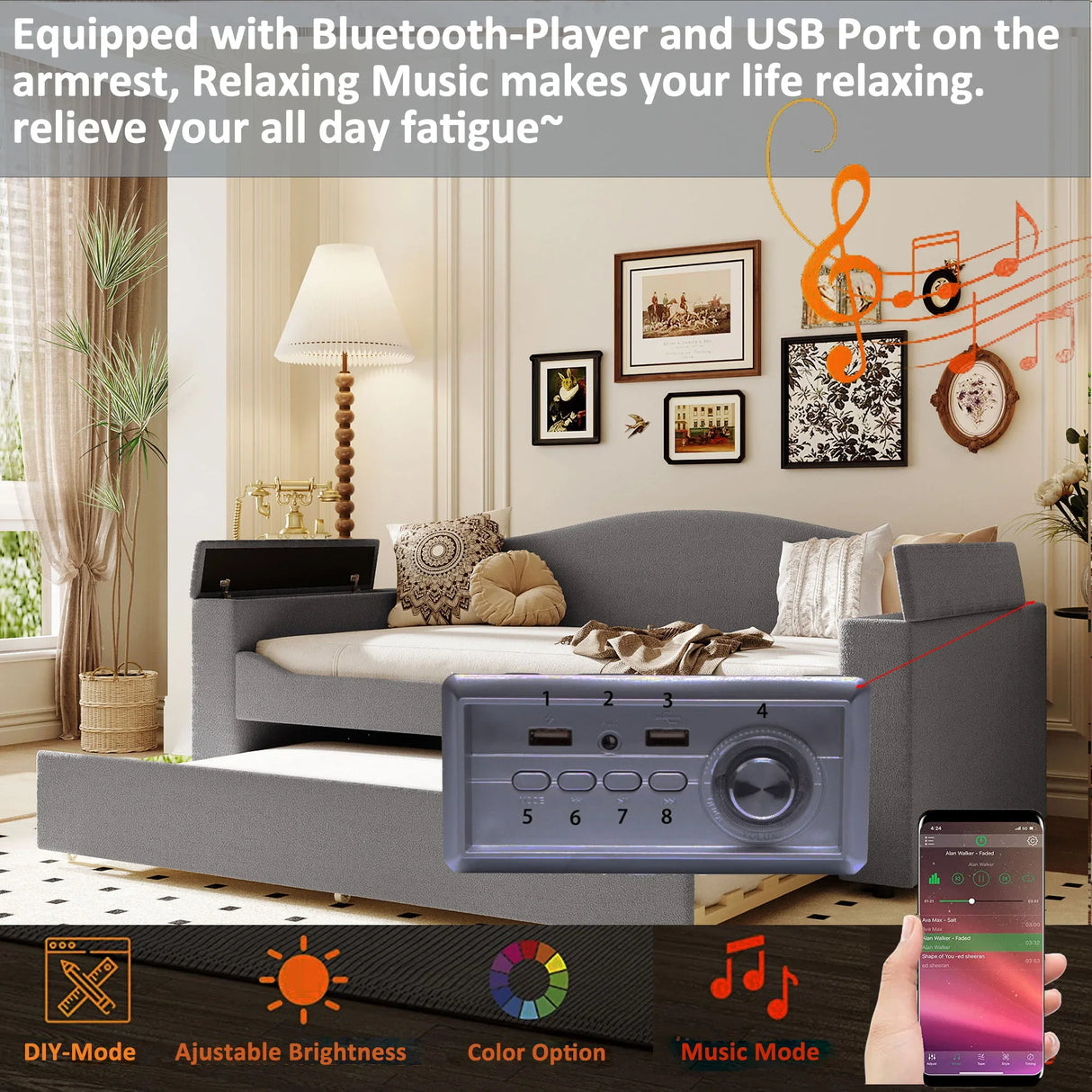 Upholstered Daybed With Storage Armrests, Trundle And Latest Integrated Bluetooth Audio System - Furniture Home Direct