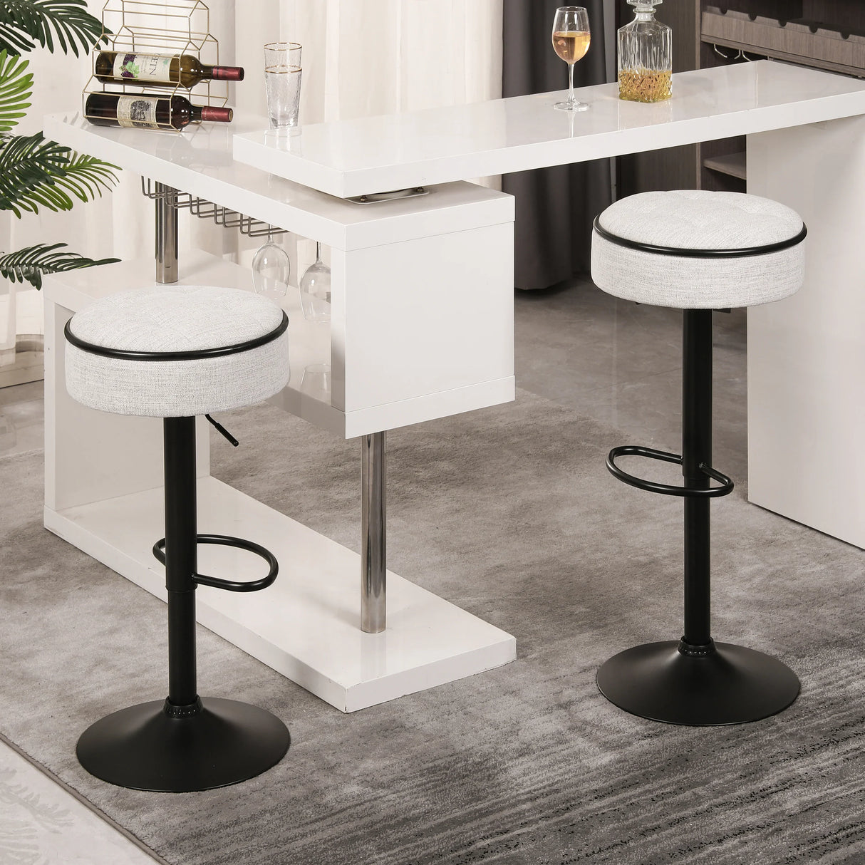 Counter Stool Round Linen Upholstered Seat Off White - Furniture Home Direct