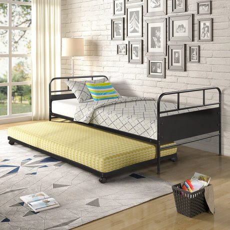Twin Size Daybed Platform Bed Frame With Trundle Built In Casters - Black - Furniture Home Direct