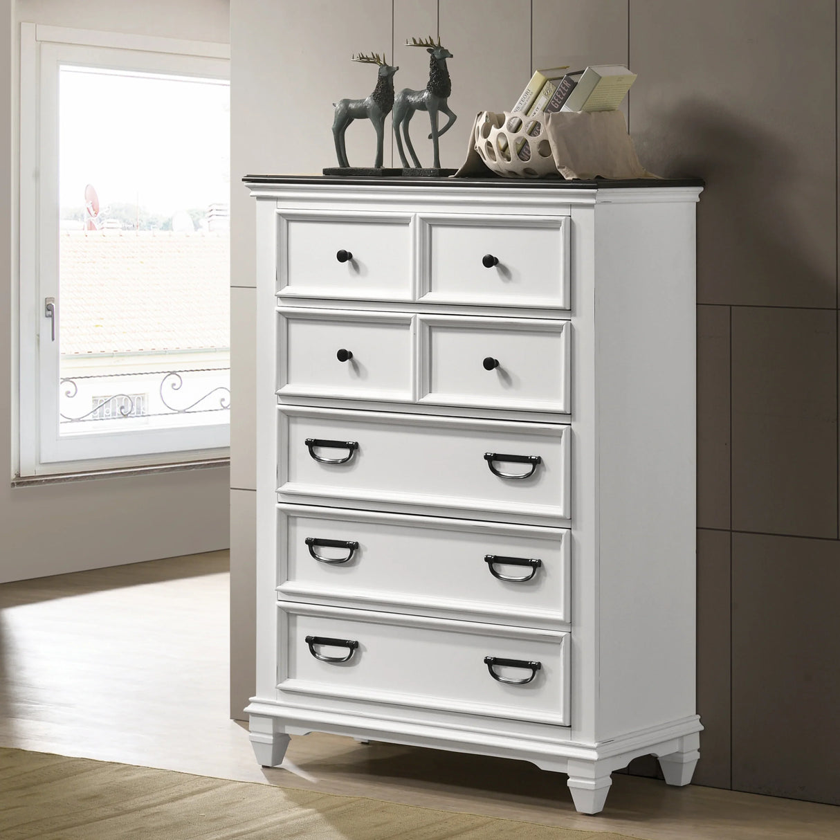 Bedroom Set King Bed Wood Dresser Antique White Gray - Furniture Home Direct