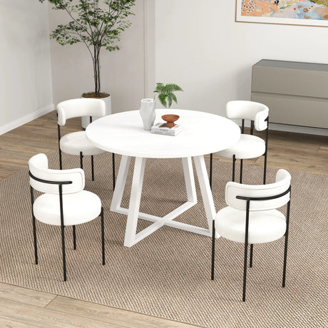 Dining Set Round With Boucle Chairs Modern Compact White - Furniture Home Direct