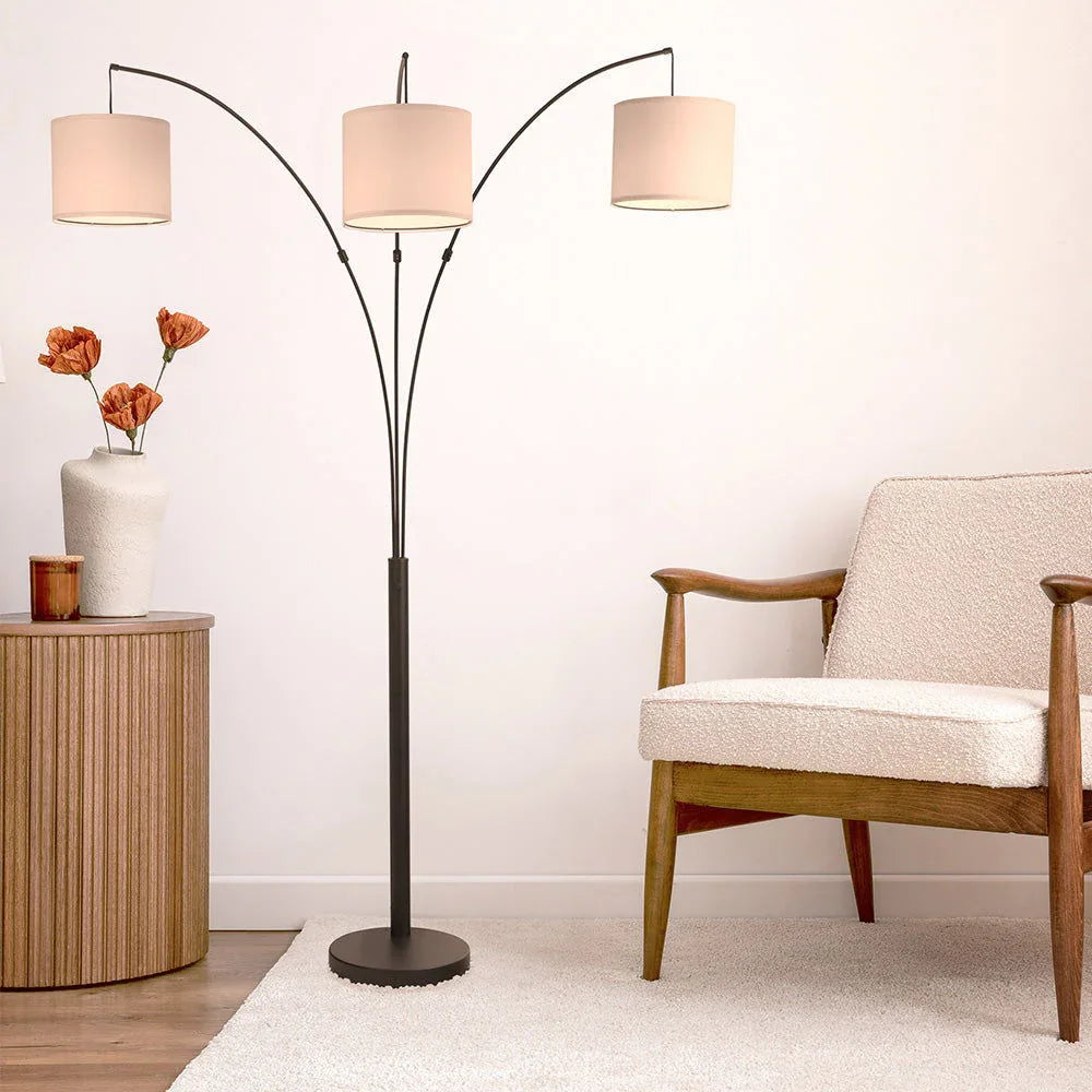 Royal - 3 Arm Arc Floor Lamp, Oil Rubbed Bonze With Linen Shade, 4 Way Rotary Switch - Oil-Rubbed Bronze - Furniture Home Direct
