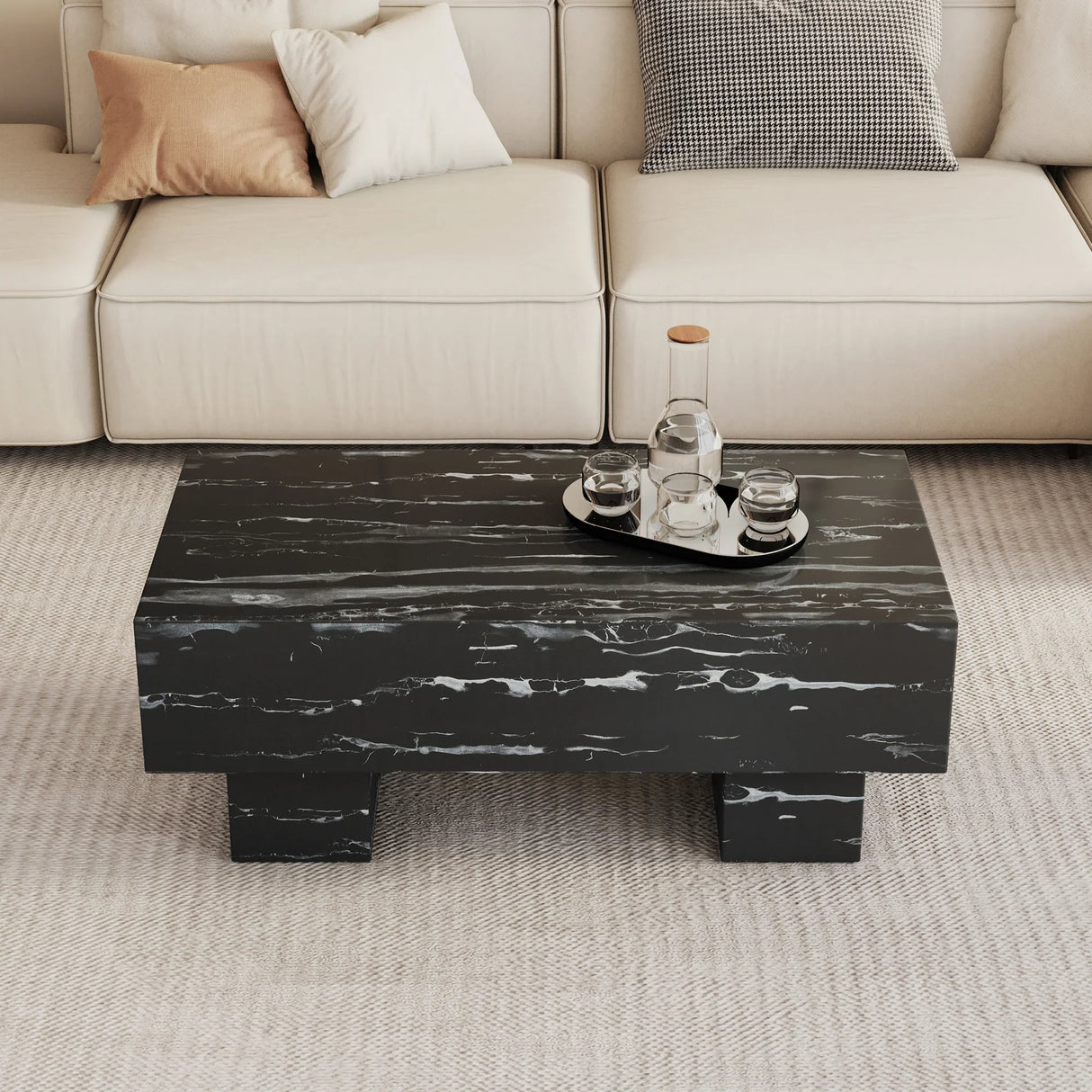 Coffee Table Modern Marble Texture With Block Base Black - Furniture Home Direct
