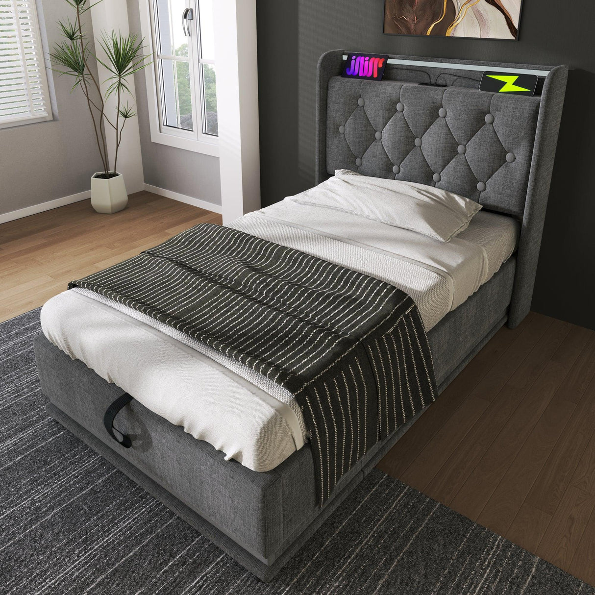 Twin Upholstered Bed 360 Surround LED Lighting USB C Gray - Furniture Home Direct
