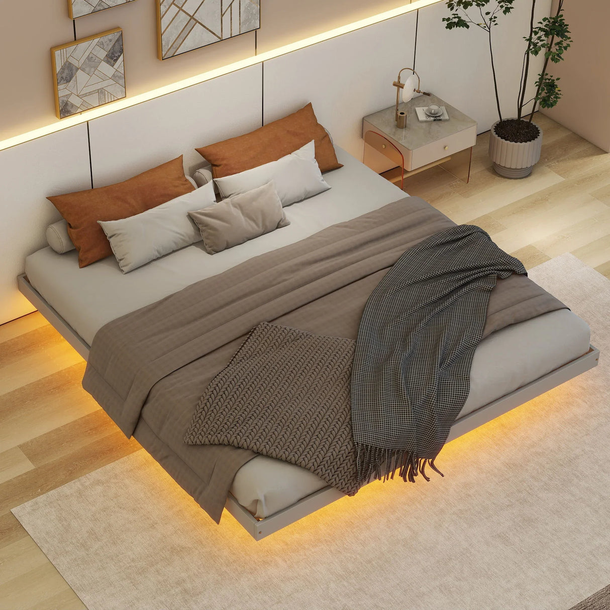 Floating Bed With Led Lights Underneath, Modern Queen Size Low Profile Platform Bed With Led Lights - Furniture Home Direct