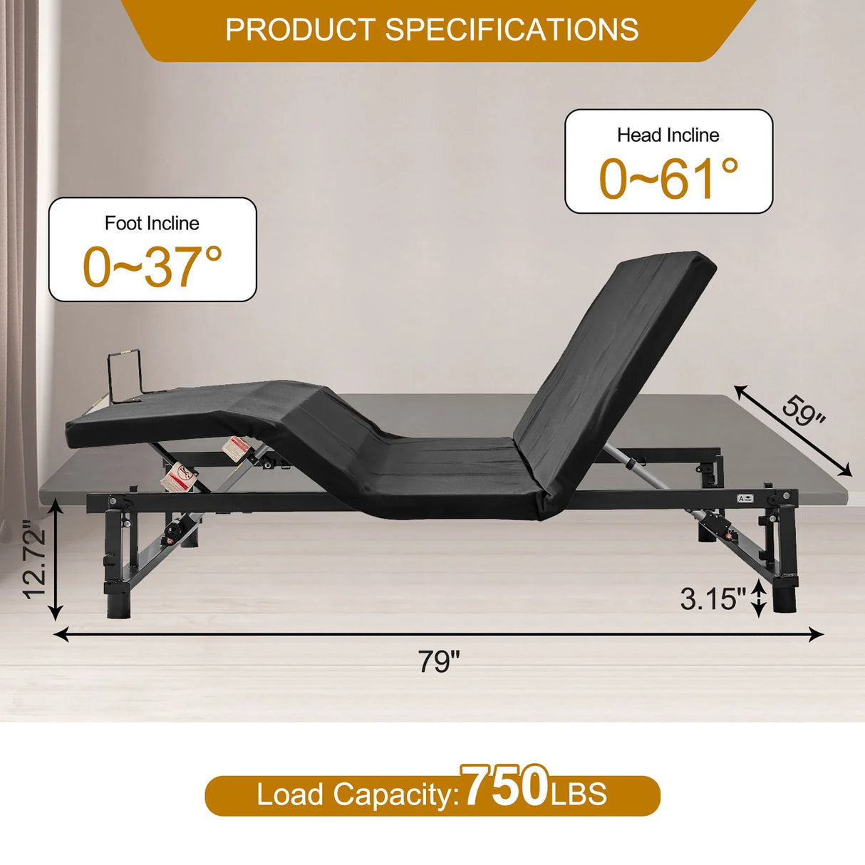 Adjustable Bed Base Frame Queen With Head And Foot Incline Wireless Remote - Antique Black - Furniture Home Direct