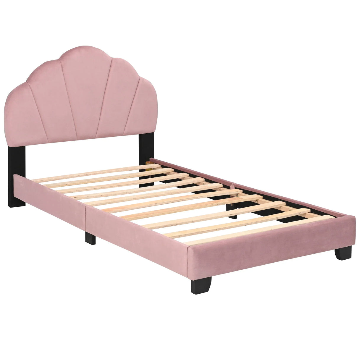Upholstered Twin Size Platform Bed For Kids Wooden Bed Frame With Slatted Bed Base No Box Spring Needed Cute Bed Frame With Shell Design Headboard - Pink - Furniture Home Direct
