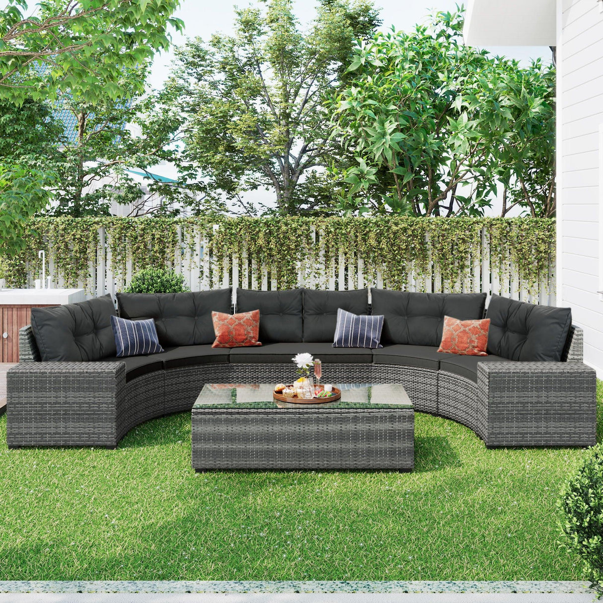 8 Pieces Outdoor Wicker Round Sofa Set, Half-Moon Sectional Sets All Weather, Curved Sofa Set With Rectangular Coffee Table, PE Rattan Water-Resistant And UV Protected, Movable Cushion - Furniture Home Direct