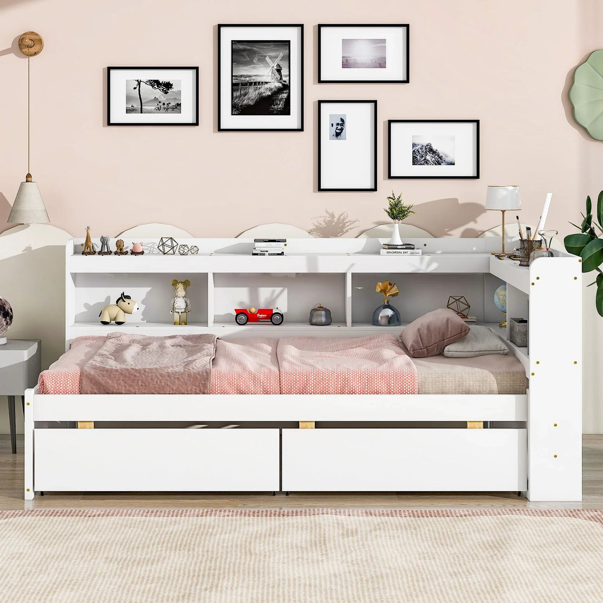 Twin Bed With L-Shaped Bookcases, Drawers - Furniture Home Direct