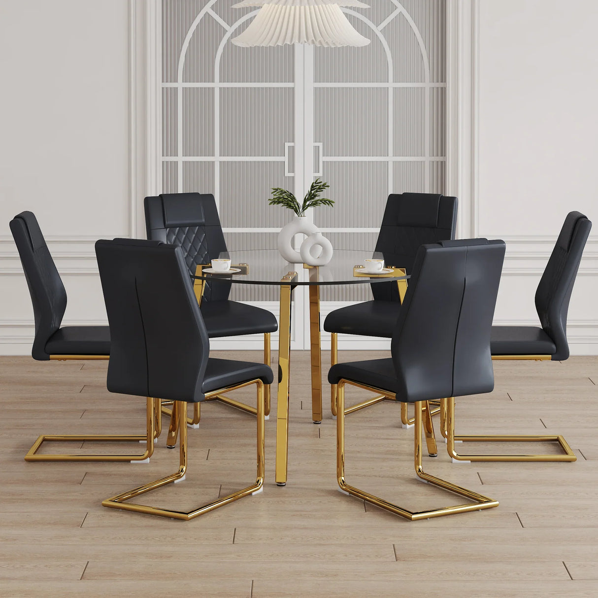 Dining Set Round Glass Table Six Faux Leather Chairs Black - Furniture Home Direct